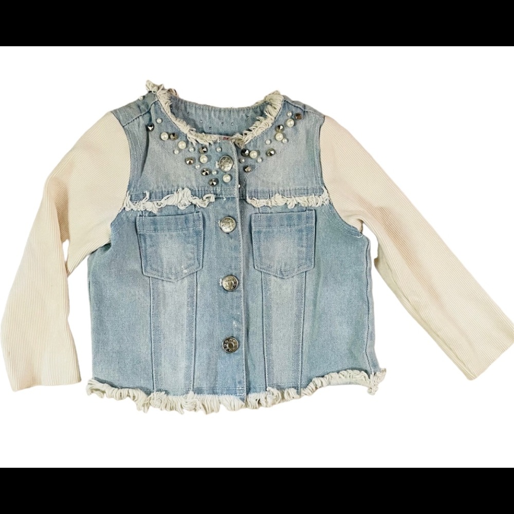 [Mae Li Rose] 3T Bejeweled Fringed Jean Jack w/ Fabric Sleeves